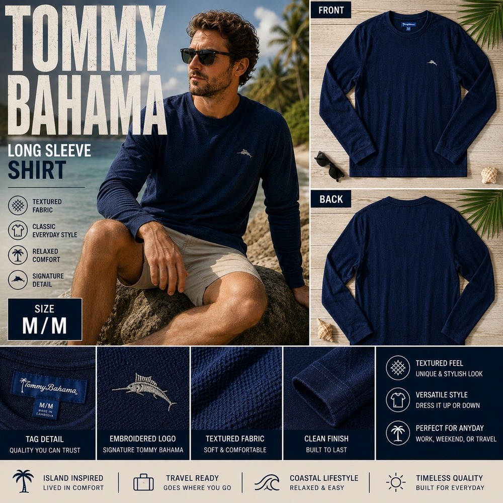 Tommy Bahama Mens Navy Blue Textured Long Sleeve Shirt Marlin Logo Size M